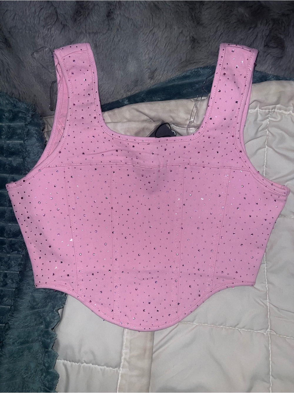 Pink Jean Rhinestone Bustier Crop Top zip back women’s Large - Picture 4 of 8